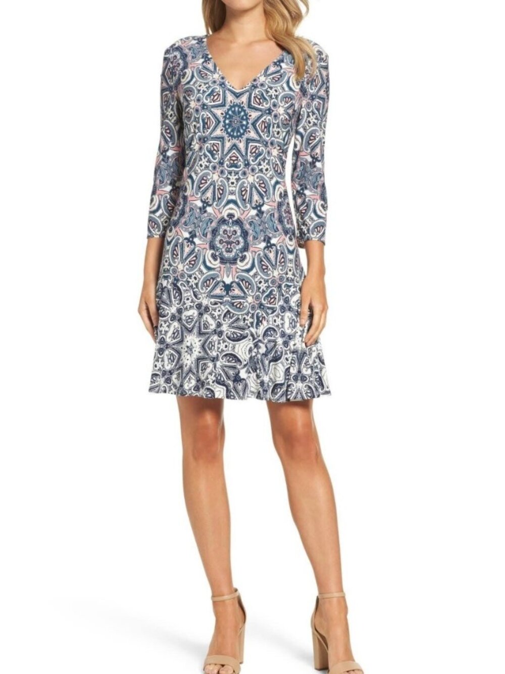 ELIZA J PAISLEY PRINT KNIT A LINE DRESS 3/4 SLEEVE SIZE 10
